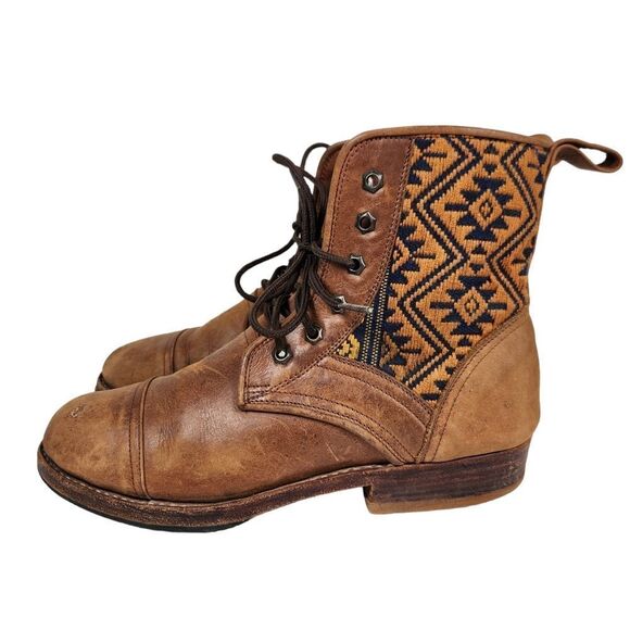 Teysha Handmade Ankle Lace up Leather Geometric Textile Boho Boots - Picture 2 of 12